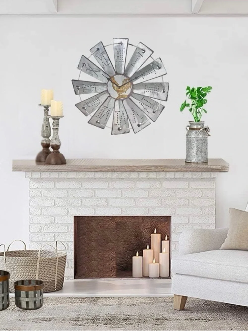 14.25 inch rustic galvanized metal windmill wall clock Roman numerals rooster